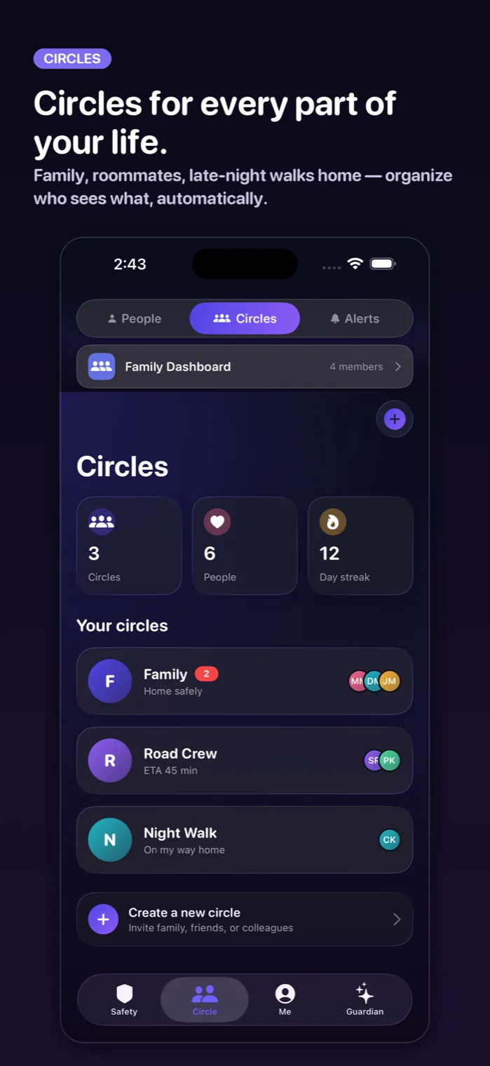 Circles management screen